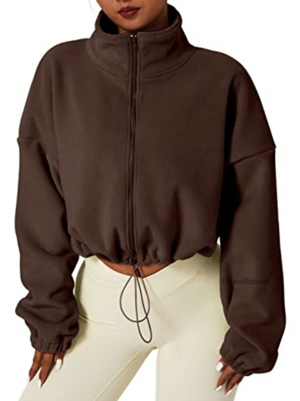 Full Zip Fleece Short Jacket Warm Winter Long Sleeve Stand Collar Sherpa Crop